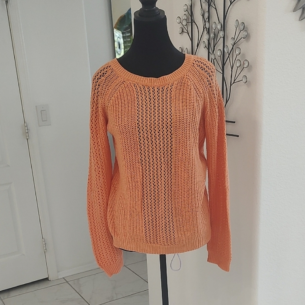Olive & Oak Melon Orange Loose Crochet Knit Open Weave Pullover Sweater S